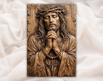 Praying Jesus Relief STL | CNC Router 3D Carving Model | Christ Crown of Thorns Rosary Wood Grain Bas Relief Panel | Christian Wall Art