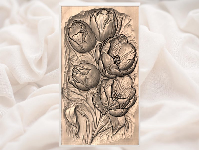 May include: A rectangular wooden wall art piece with a relief carving of five tulips. The tulips are in various stages of bloom, with detailed petals and leaves. The artwork is in shades of brown and beige.