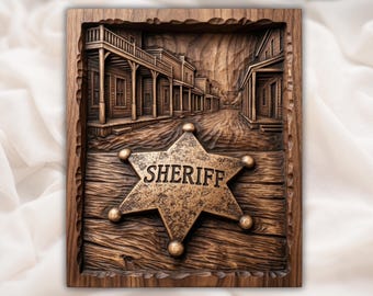 Sheriff Badge Relief | Old West Town Panel| Rustic Cowboy Decor | Western Sheriff Star | Old West Street Relief | Rustic Ranch Wall Decor