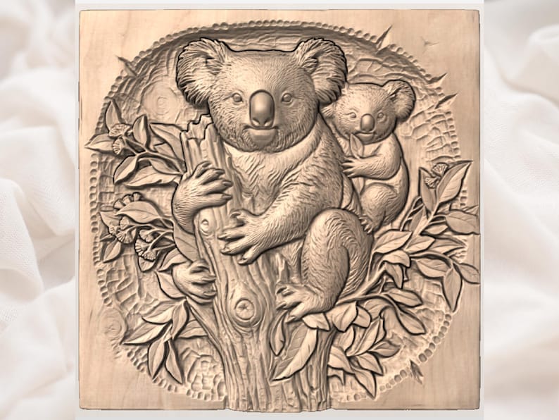 Koala Family STL | Mom Baby Relief | Nursery Wall Decor | Eucalyptus Tree Artwork | Wood Carving Design | Cute Plaque File image 2