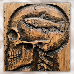 Always Thinking of Fishing Skull 3D Relief STL for CNC Router view 1