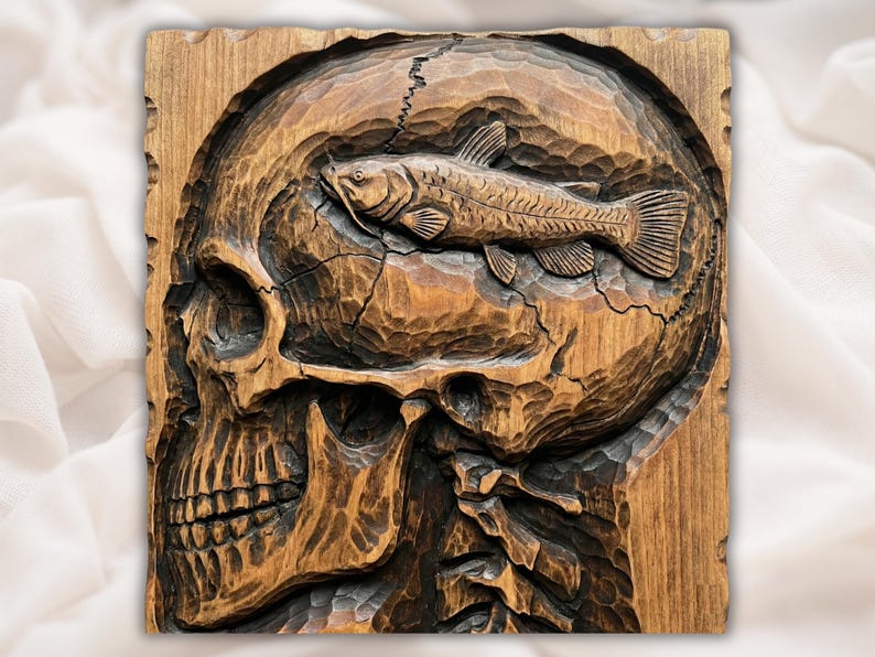 Always Thinking of Fishing Skull 3D Relief STL for CNC Router