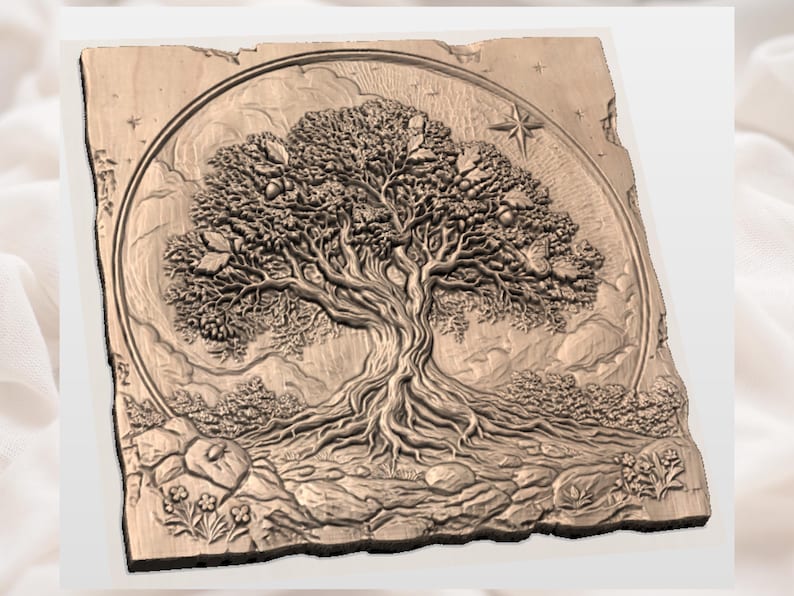 May include: A detailed relief carving of a tree with a large, spreading canopy, roots, and a star within a circular frame. The artwork is in a warm, earthy tone, with intricate details of leaves, rocks, and flowers.