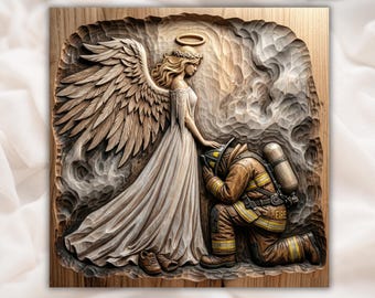 Firefighter Angel 3D Relief STL | Memorial CNC Router Wood Carving File | Guardian Angel Bas-Relief Wall Art