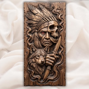 Native Warrior Skull Wolf 3D Relief STL view 1