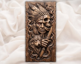 Native Warrior Skull Wolf 3D Relief STL | Tribal CNC Router Wood Carving File | Spirit Animal Bas-Relief Wall Art  | Home Decor