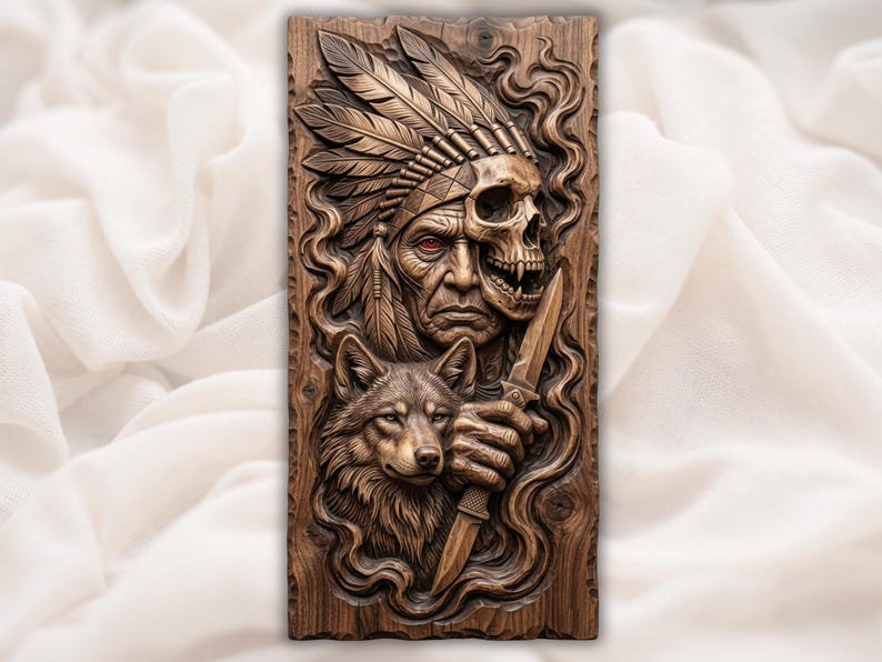 Native Warrior Skull Wolf 3D Relief STL
