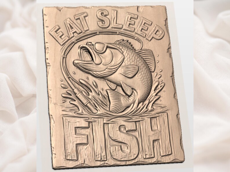 May include: A rectangular wooden sign with the words "EAT SLEEP FISH" carved into the surface. A detailed relief of a fish wearing sunglasses jumping out of the water is in the center. The sign has a rustic, weathered appearance.