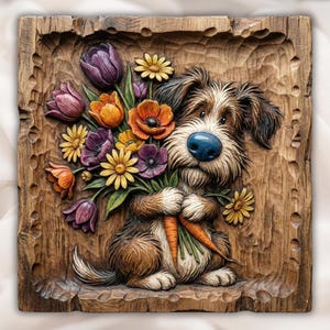 Cute Dog with Flowers Relief STL view 1