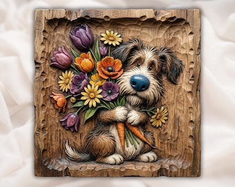 Cute Dog with Flowers Relief STL | CNC Router 3D Carving Model | Puppy Floral Wood Grain Bas Relief Panel | Nursery Wall Art Gift