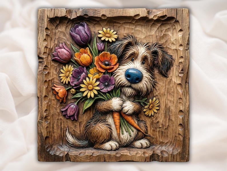 Cute Dog with Flowers Relief STL