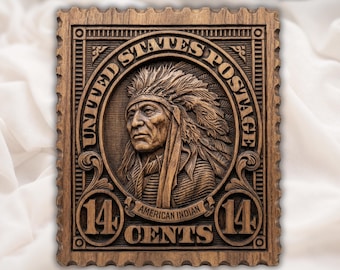 Native American Stamp STL | Vintage Postage Wall Art | American Indian Stamp Art | Postal Stamp Relief | Rustic Heritage Wall Decor