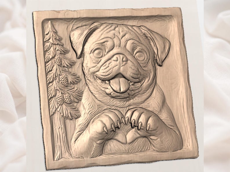 Pug Dog STL | Cute Pet Relief | Heart Paws Wall Decor | Rustic Woodland Artwork | Wood Carving Design | Dog Lover Plaque | Animal Plaque STL image 3