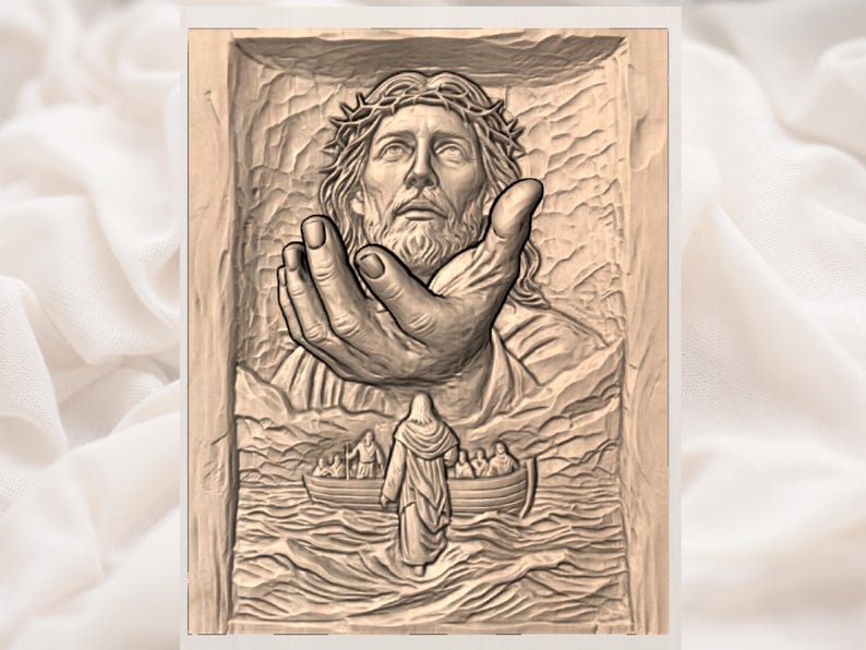 May include: A carved wooden relief depicting a religious scene. The artwork features a detailed rendering of a figure with a crown of thorns, extending a hand. Below, a figure stands before a boat with people on the water.