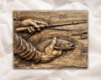 Fly Fishing Trout Catch 3D Relief STL | Angler Hands Holding Trout Wood Grain Carving Panel | CNC Router File, 3D Print, Laser | Home Decor
