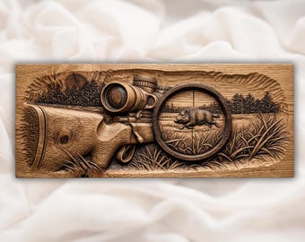 Fichier 3D Fusil de chasse au sanglier | Relief scène de chasseur | Décoration murale de cabane rustique | Oeuvre d'art d'action dans les bois | Conception de sculpture sur bois | Classeur de plaques de loge