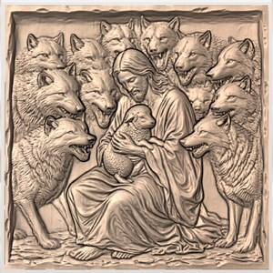 Jesus With Lamb & Wolves 3D Relief STL view 3