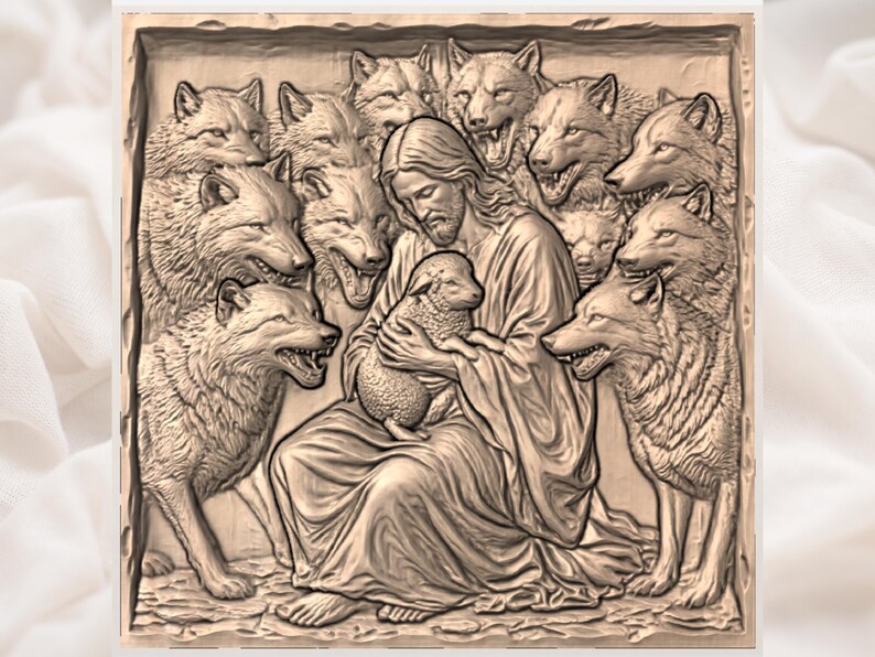 Puede incluir: Un relieve tallado que representa una figura central sosteniendo un cordero, rodeada de lobos. La figura est&aacute; vestida con t&uacute;nicas, y los lobos tienen expresiones amenazantes. La obra de arte est&aacute; en tonos marrones y beige, con texturas y sombras detalladas.