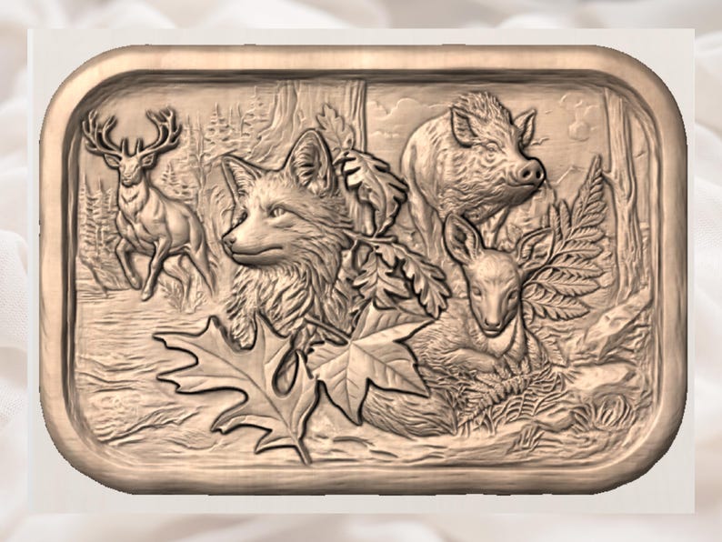 May include: A detailed relief carving in a rectangular frame, depicting woodland animals. A deer, fox, boar, and fawn are featured among foliage. The artwork is rendered in shades of brown, creating a rustic and natural aesthetic.