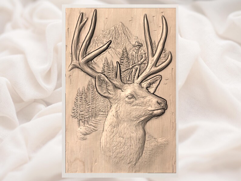May include: A detailed wood carving of a deer with large antlers, a mountain range, and a hunter in the background. The carving is in a natural wood tone, showcasing the texture and depth of the design. The artwork is framed.