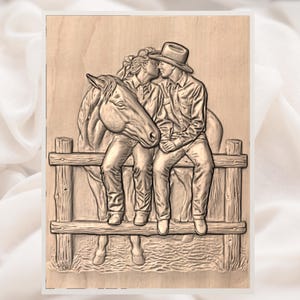 Cowboy Couple & Horse 3D Relief STL view 2