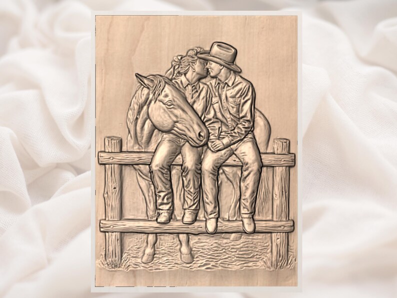 May include: A wooden carving depicts a couple kissing while seated on a wooden fence, with a horse behind them. The carving is in a sepia tone, showcasing the details of the figures and the horse's head. The scene evokes a rustic, Western theme.