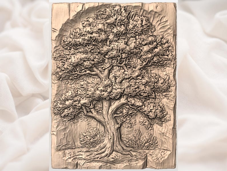 May include: A detailed wood carving of a large tree with sprawling branches and dense foliage. The carving is set against a textured wooden background, showcasing the tree's trunk and roots. The artwork is in shades of brown.