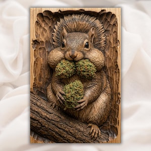 May include: A detailed wood carving of a squirrel holding two large green buds in its paws and mouth. The squirrel is perched on a tree branch, and the background is a carved wooden frame. The carving is in shades of brown and green.