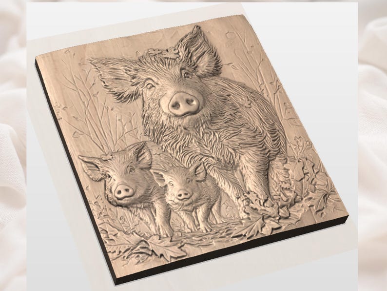 May include: A wooden relief carving of a family of wild boars. The artwork depicts a large boar with two smaller piglets, surrounded by foliage. The carving is detailed, with visible fur and leaf textures. The piece is mounted on a rectangular wooden base.