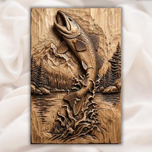 Jumping Trout Fish 3D Relief STL view 1