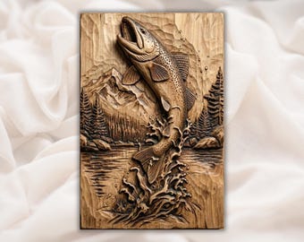 Jumping Trout Fish 3D Relief STL | CNC Router Wood Carving File | Fishing Lake Mountain Wall Art Panel | Rustic Cabin Lodge Decor