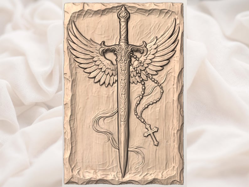 Winged Sword STL | Christian Rosary Cross Relief | Angelic Faith CNC File | Religious Wood Carving Wall Plaque | Winged Cross Dagger Relief image 3