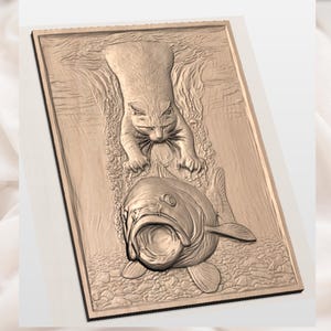 Cat Fishing 3D Relief STL view 3