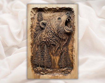 Reliëf brullende beer STL | 3D-snijmodel CNC-router | Grizzlybeer bos houtnerf basreliëf paneel | Rustieke muurkunst Cabin Lodge