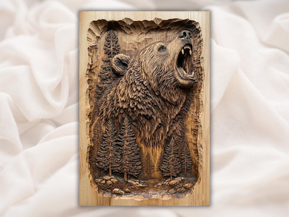 Roaring Bear Relief STL | CNC Router 3D Carving Model | Grizzly Bear Forest Wood Grain Bas Relief Panel | Rustic Cabin Lodge Wall Art