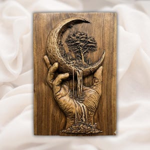 Hand Holding Moon Waterfall 3D Relief STL view 1