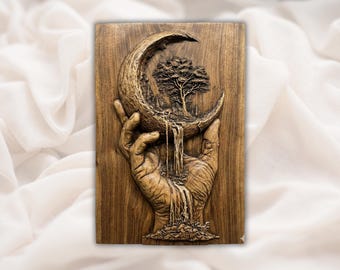 Hand Holding Moon Waterfall 3D Relief STL | Fantasy Tree Crescent Wood Grain Carving Panel | CNC Router File, 3D Print, Laser | Home Decor