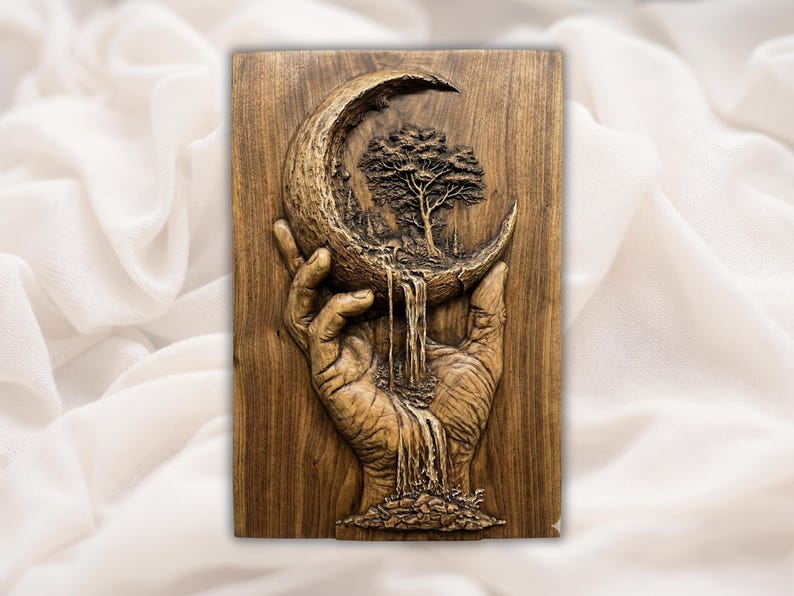 Hand Holding Moon Waterfall 3D Relief STL