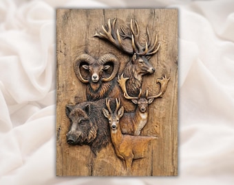 Animales de caza en relieve 3D STL / Archivo de tallado de madera para enrutador CNC / Panel de arte de pared de vida silvestre de ciervo, carnero y jabalí / Decoración de cabaña / Grabado láser