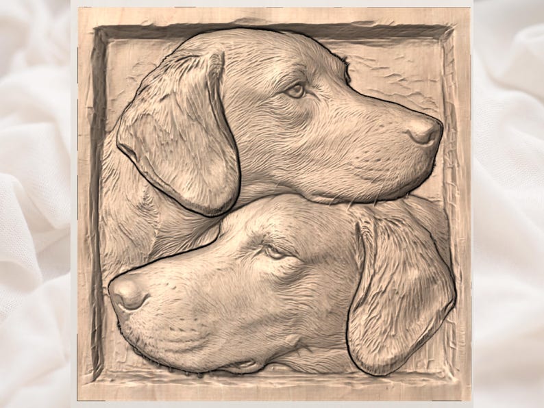 May include: A wooden relief carving featuring two Labrador Retriever dog portraits. The dogs are depicted in profile, with detailed features and a natural wood finish. The artwork is set within a rectangular frame.