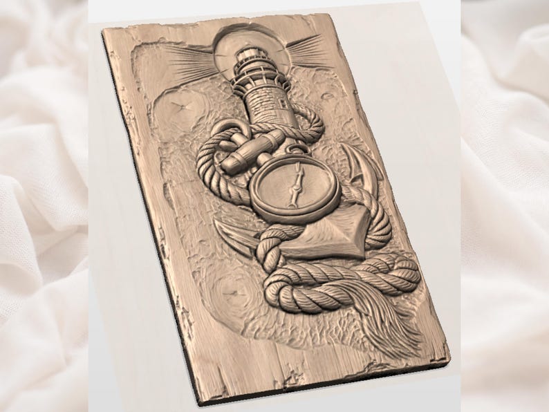 Leuchtturm Anker STL | Nautische Relief Kunst | Seilknoten Wanddekor | Kompass-Kunstwerk-Plakette | Holzschnitzerei Design | Küsten-Datei Bild 2