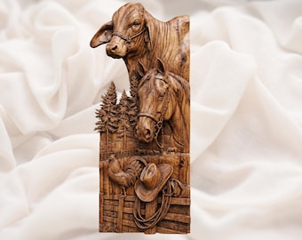 Western Ranch 3D Relief STL for CNC Router, Laser Engraving & 3D Printing | Horse Cow Rooster Cowboy Hat Wall Art