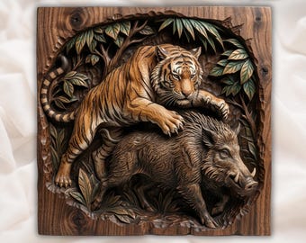 May include: A detailed wooden carving depicts a tiger attacking a boar in a forest setting. The tiger has orange and black stripes, while the boar is brown. Green leaves and tree branches frame the animals, all set within a square wooden frame.