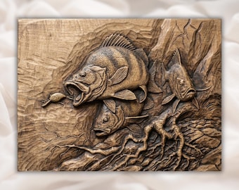 Bass Fishing 3D Relief STL File | Fish & Lure Wood Grain CNC Carving | Underwater River Scene Wall Art | 3D Print and Laser Engraving