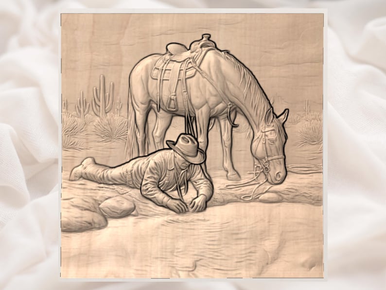 Cowboy & Häst 3D-relief STL | Väggpanel med vattenscen från västra öknen | CNC-rutterfil, 3D-utskrift, lasergravyr bild 3