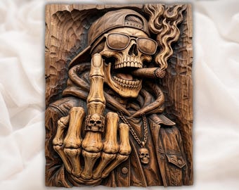 Rebel Skeleton Smoker Middle Finger CNC Relief STL | Biker Garage Wall Decor | Edgy Urban Man Cave Carving Design