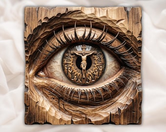 Crucifixión de testigo ocular / Relieve del ojo de Cristo STL / Crucifijo en el ojo Panel de bajorrelieve con veta de madera / Arte mural cristiano Decoración de iglesia