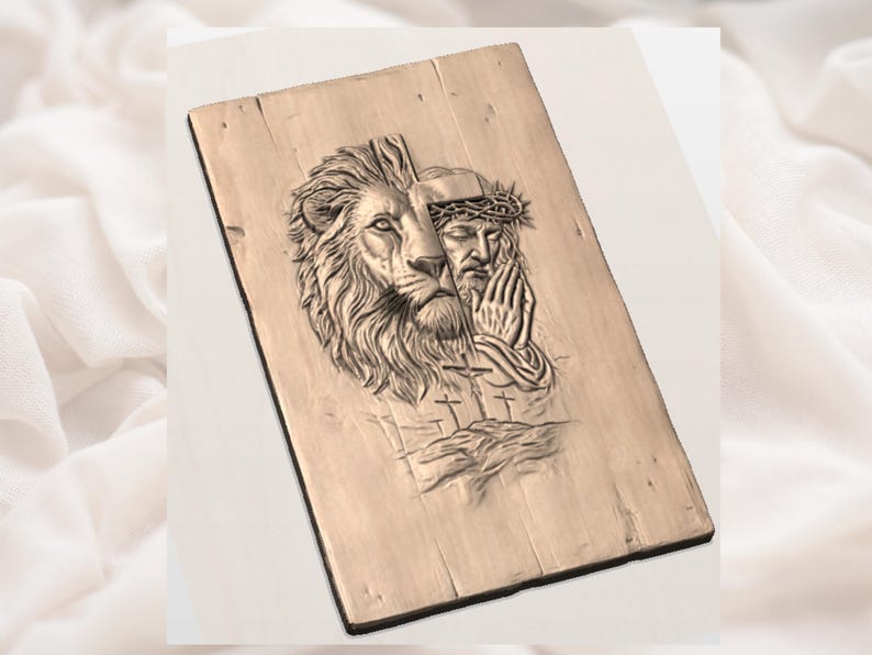 May include: A light brown wooden plaque with a carved relief design. The image depicts a lion's head merged with the face of Jesus, wearing a crown of thorns. Three crosses are carved below. The wood has a natural grain.