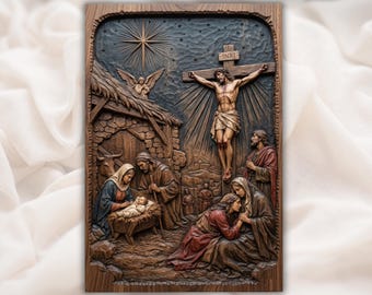 May include: A rectangular wooden wall plaque featuring a detailed relief carving. The left side depicts a nativity scene with a manger, while the right side shows a crucifixion scene with a cross labeled INRI, an angel above, and figures below.