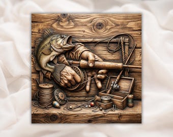 Fishing Gear 3D Relief STL | Bass, Rod & Reel, Tackle Box Wood Grain Carving Panel | CNC Router File, 3D Print, Laser Engrave | Home Decor